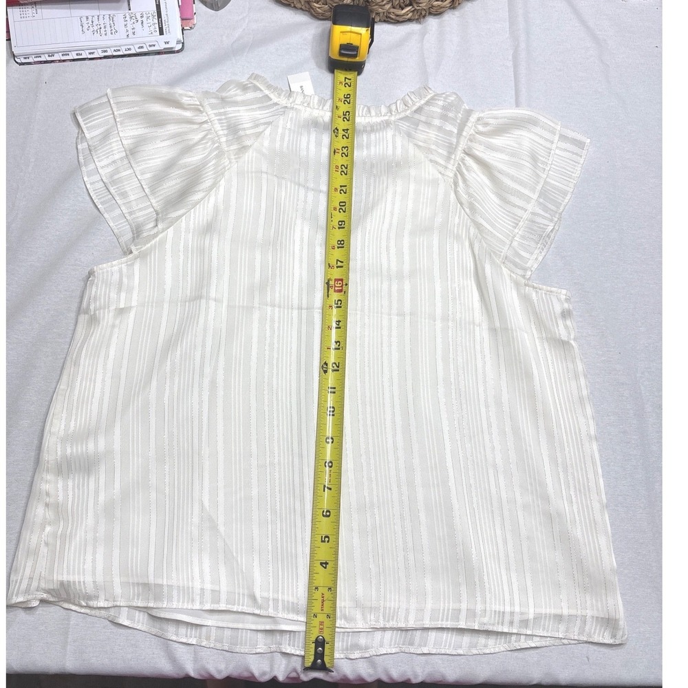 Banana Republic White Metallic Stripe Flutter Sleeve Ruffle Neck Blouse XL NWT - Picture 2 of 4